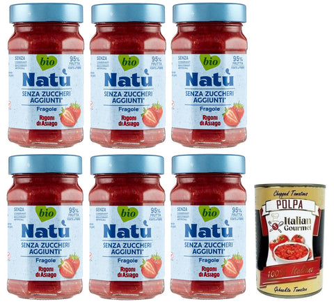 Rigoni di asiago Natù Fragole Bio-Erdbeerzubereitung,Erdbeerkonfitüre Ohne Zuckerzusatz 240g 6x Original italienisch inkl. Italian Gourmet Polpa di Pomodoro 400g Dose