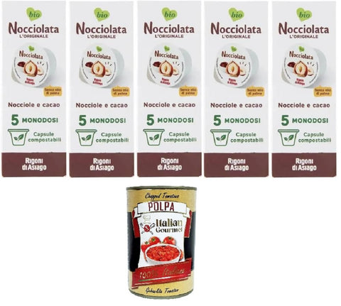 Italian Gourmet E.R. Konfitüren Rigoni D'asiago Nocciolata L'originale Nocciola e Cacao 5 monodosi Nocciolata Das Original aus Haselnuss und Kakao, 5 Einzeldosen 5x100gr +Italian Gourmet Polpa di Pomodoro 400gr 8032804040014