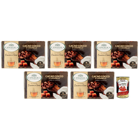 L'angelica L' Angelica Tisana al Cacao,Cocco e Caramello,Kräutertee aus Kakao, Kokosnuss und Karamell,Packung mit 15 Filtern 5x Original italienisch inkl. Italian Gourmet Polpa di Pomodoro 400g Dose