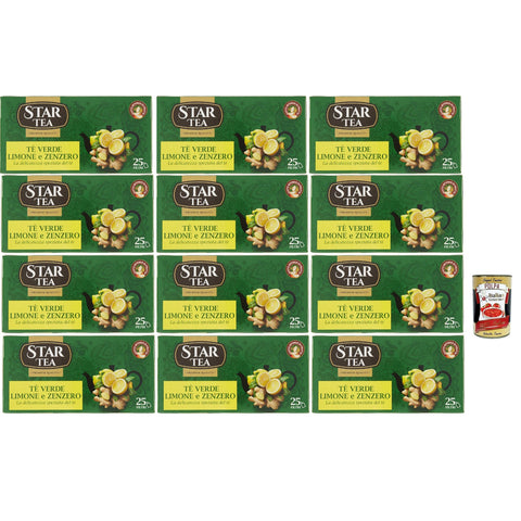Tè STAR Grüner Tee mit Zitrone und Ingwer, Packung mit 25 Filtern, eine feine Mischung mit einem reichen und faszinierenden Geschmack 12x 42.5g inkl. Italian Gourmet polpa 400g Original italienisch