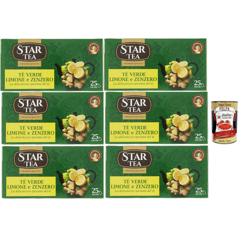 Tè STAR Grüner Tee mit Zitrone und Ingwer, Packung mit 25 Filtern, eine feine Mischung mit einem reichen und faszinierenden Geschmack, 6x 42.5g Original italienisch inkl. Italian Gourmet Polpa 400g