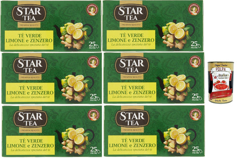 Italian Gourmet E.R. Kräutertee Tè STAR, Grüner Tee mit Zitrone und Ingwer, Packung mit 25 Filtern, eine feine Mischung mit einem reichen und faszinierenden Geschmack, 6x 42.5g + Italian Gourmet polpa 400g 8032804040014