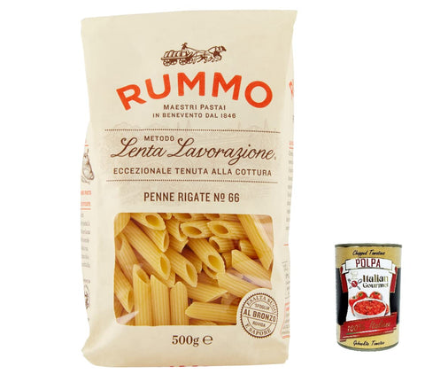 Italian Gourmet E.R. Kurze Pasta 10x Rummo Penne rigate N. 66 Hartweizengrieß Pasta Italienische Nudeln 500g Packung + Italian Gourmet Polpa di Pomodoro 400g Dose 8008343200660