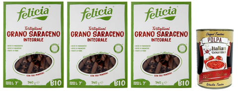 Italian Gourmet E.R. Kurze Pasta 3x Felicia Tortiglioni di Grano Saraceno Integrale,Pasta mit 100% Bio-Buchweizen,Bio und Natürlich Glutenfrei,Packung mit 340g + Italian Gourmet Polpa di Pomodoro 400g Dose 8032804433069