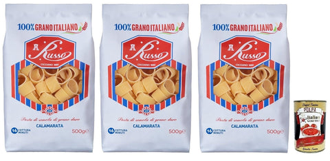 Russo Calamarata N°27 Hartweizengrieß Pasta,100% Italienischer Weizen,500g-Packung 3x Original italienisch inkl. Italian Gourmet Polpa di Pomodoro 400g Dose