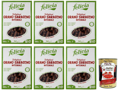 Italian Gourmet E.R. Kurze Pasta 6x Felicia Tortiglioni di Grano Saraceno Integrale,Pasta mit 100% Bio-Buchweizen,Bio und Natürlich Glutenfrei,Packung mit 340g + Italian Gourmet Polpa di Pomodoro 400g Dose 8032804433069