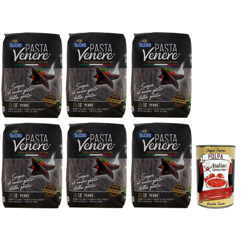 Riso Scotti Pasta Venere Penne Rigate,Pasta aus Hartweizengrieß und Schwarzem Venere-Vollkornreismehl,Packung mit 400g 6x Original italienisch inkl. Italian Gourmet Polpa di Pomodoro 400g Dose