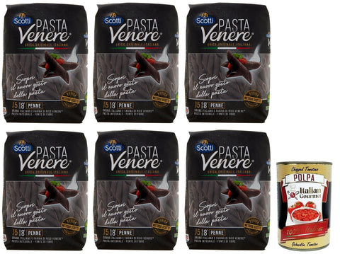 Riso Scotti Pasta Venere Penne Rigate,Pasta aus Hartweizengrieß und Schwarzem Venere-Vollkornreismehl,Packung mit 400g 6x Original italienisch inkl. Italian Gourmet Polpa di Pomodoro 400g Dose
