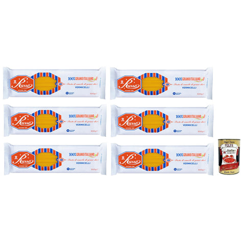 Russo Vermicelli N°70 Hartweizengrieß Pasta,100% Italienischer Weizen,500g-Packung 6x Original italienisch inkl. Italian Gourmet Polpa di Pomodoro 400g Dose