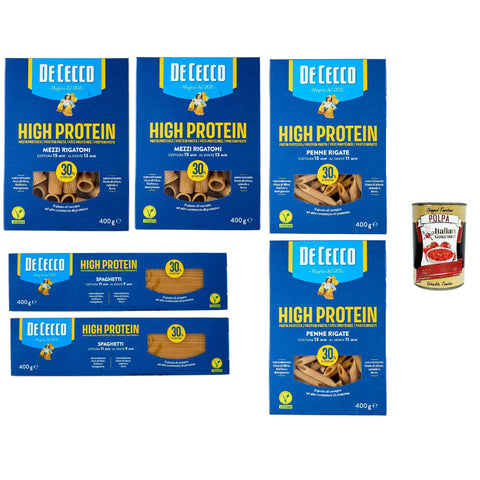 De Cecco Testpaket, High protein, Italienische Hartweizennudeln, 6 Packungen à 400g, Pasta aus 100% italienischem Hartweizen Original italienisch inkl. Italian Gourmet Polpa 400g
