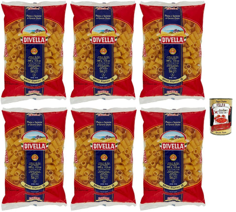 Italian Gourmet E.R. Kurze Pasta Divella Pasta 100% Italienisch Mezzi Rigatoni N° 18, Nudeln aus Hartweizengrieß, Kochen 9 Minuten 6x 500g + Italian Gourmet polpa 400g 8032804040014