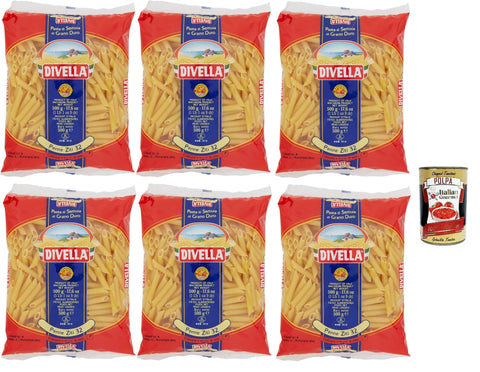 Italian Gourmet E.R. Kurze Pasta Divella Pasta 100% Italienisch Penne Ziti n. 32, Nudeln aus Hartweizengrieß, Kochen 8 Minuten 6x 500g + Italian Gourmet polpa 400g 8032804040014