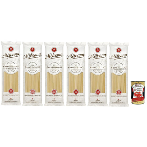 La Molisana Pasta, Spaghetto Quadrato n. 1, Italienische Weizennudeln - Bronze - durchbohrt, rau und hartnäckig mit ausgezeichneter Kochhalte 6x 500 g inkl. Italian Gourmet polpa 400g Original italienisch