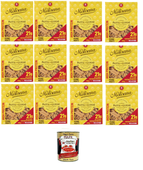 Italian Gourmet E.R. Kurze Pasta La Molisana, Penne rigate mit Lupinen, Protein-Tagliatelle mit Lupinenmehl und italienischem Hartweizengrieß - bronzegezogen,12x400gr + Italian gourmet polpa 400g 8032804040014