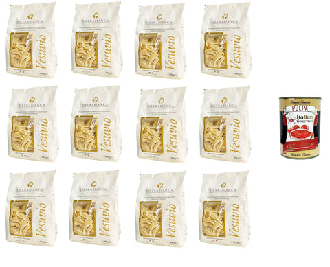 Italian Gourmet E.R. Kurze Pasta Pietrabianca, Pasta di Semola Artigianale trafilata al bronzo handgefertigte, aus Bronze gezogene Grießnudeln „Casarecce“ 12x500gr + Italian Gourmet polpa 400g 8032804040014