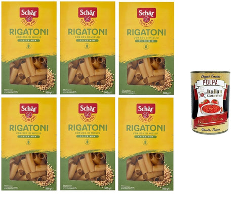 Italian Gourmet E.R. Kurze Pasta SCHÄR Senza Glutine Rigatoni Glutenfrei Pasta mit 20% Hirse, gluten free pasta, 6x 500g + Italian Gourmet polpa 400g 8032804040014