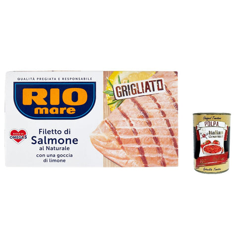 Rio Mare Natürliches Lachsfilet mit einem Tropfen gegrillter Zitrone 12x 125 g inkl. Italian Gourmet polpa 400g Original italienisch