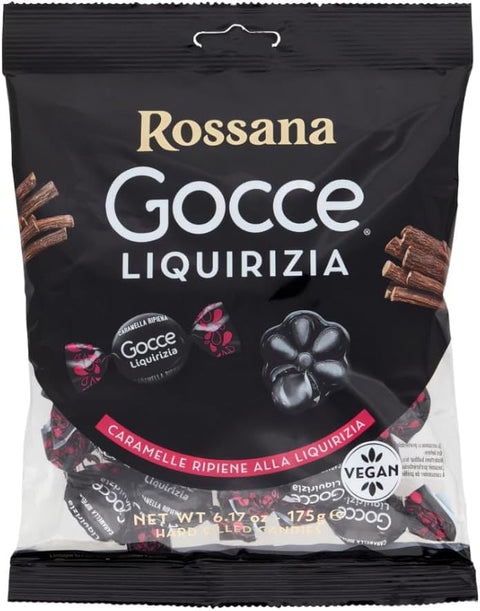 Rossana Fida LIQUORICE Drops, mit Lakritz gefüllte Bonbons, einzeln verpackt, glutenfrei, VEGAN, 175 g 12x Original italienisch