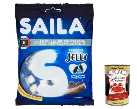 Saila Jelly Liquirizia, Bonbons Süßigkeiten Lakritze, 100% italienisches Lakritze 75g 6x Original italienisch inkl. Italian Gourtmet Polpa 400g