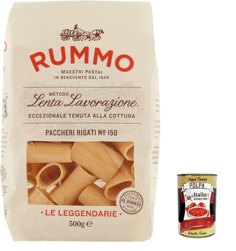 Rummo Paccheri Rigati N. 150 Pasta Lenta Lavorazione Teigwaren aus Hartweizengrieß Bronze-Zeichnung 500g 12x Original italienisch inkl. Italian Gourmet Polpa 400g