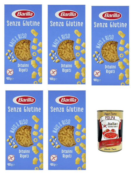 Italian Gourmet E.R. Längliche Pasta 5x Barilla Ditalini Rigati 400g senza Glutine Glutenfrei pasta nudeln, Pasta aus weißem Mais, gelbem Mais und braunem Reis + Italian Gourmet polpa 400g 8076809569453