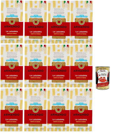 ARMANDO La Lasagna, Pasta di Semola di Grano Duro di Filiera 100% ItalianoDurumweizen -Grießnudel 100% italienische Lieferkette - Bronze durchbohrt, 12x 500 g Original italienisch inkl. Italian Gourmet Polpa 400g
