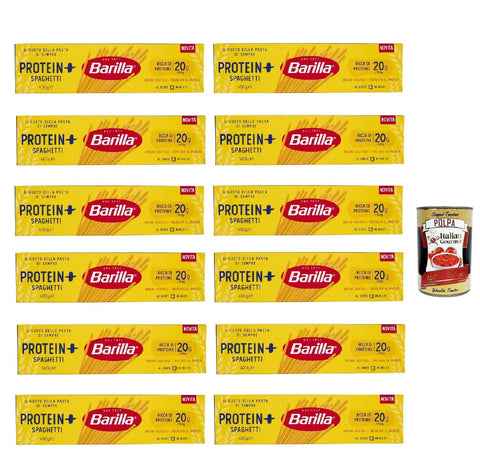 Italian Gourmet E.R. Längliche Pasta Barilla Protein+ Spaghetti 400gr, Pasta reich an pflanzlichem Protein, 12x 400 g + Italian Gourmet polpa 400gr 8032804040014