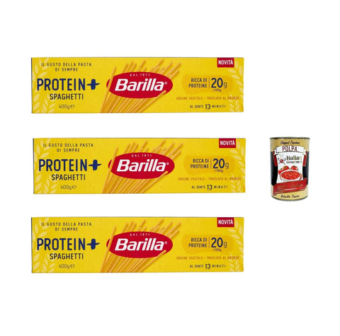 Italian Gourmet E.R. Längliche Pasta Barilla Protein+ Spaghetti 400gr, Pasta reich an pflanzlichem Protein, 3x 400 g + Italian Gourmet polpa 400gr 8032804040014
