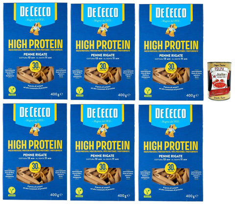 Italian Gourmet E.R. Längliche Pasta De Cecco Penne rigate Nr. 41, High protein, Italienische Hartweizennudeln, 6 Packungen à 400g, Pasta aus 100% italienischem Hartweizen, + Italian Gourmet polpa 400g 8032804040014