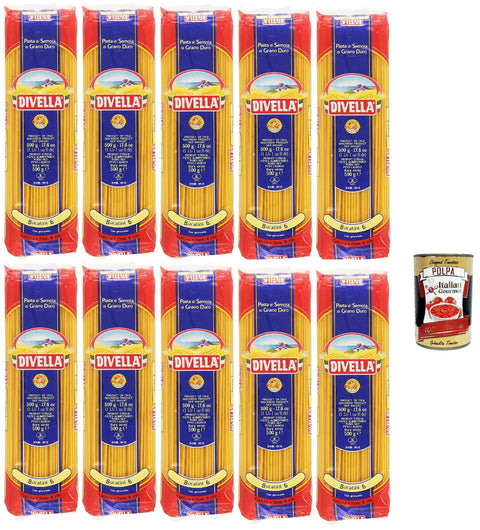 Italian Gourmet E.R. Längliche Pasta Divella Pasta 100% Italienisch Bucatini N° 6, Nudeln aus Hartweizengrieß, Kochen 7 Minuten 10x 500g + Italian Gourmet polpa 400g 8032804040014