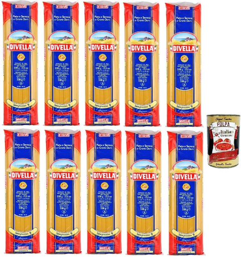 Italian Gourmet E.R. Längliche Pasta Divella Pasta 100% Italienisch Spaghettini N° 9, Nudeln aus Hartweizengrieß, Kochen 6 Minuten 10x 500g + Italian Gourmet polpa 400g 8032804040014