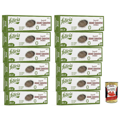 Felicia Pasta Spaghetti di Grano Saraceno Integrale, Vollkornnudel, reiche Quelle für Ballaststoffe und Mineralsalze, Magnesium und Mangan, Veganer, 12x 340g Original italienisch inkl. Italian Gourmet Polpa 400g