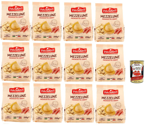 Italian Gourmet E.R. Längliche Pasta Pagani Pasta all' Uovo Mezzelune con Prosciutto Crudo, Eiernudeln mit Parma ham, Pasta mit Ei 12x 250g + Italian Gourmet polpa 400g 8032804040014