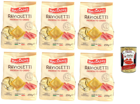 Italian Gourmet E.R. Längliche Pasta Pagani Ravioletti Prosciutto Crudo, Eiernudeln Pasta mit gehärtetem Schinken gefüllt, 6x 250g + Italian Gourmet polpa 400g 8032804040014