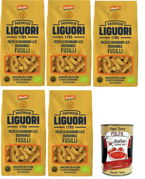 Italian Gourmet E.R. Längliche Pasta Pastificio Liguori, Pasta di Gragnano IGP Biodinamica, Fusilli Biodynamische Gragnano-Pasta mit IGP 5x400gr + Italian Gourmet polpa 400g 8032804040014