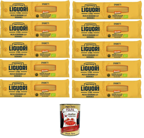 Italian Gourmet E.R. Längliche Pasta Pastificio Liguori, Pasta di Gragnano IGP Biodinamica, Spaghetti Biodynamische Gragnano-Pasta mit IGP 10x400gr + Italian Gourmet polpa 400g 8032804040014