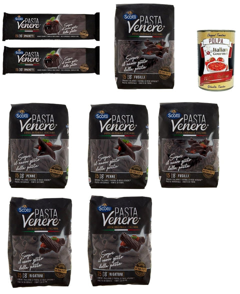Italian Gourmet E.R. Längliche Pasta Riso Scotti Pasta Venere Testpaket Spaghetti - Fusilli - Penne, Rigatoni, Pasta aus Hartweizengrieß und Schwarzem Venere-Vollkornr'eismehl,Packung mit 8x 400g + Italian Gourmet Polpa 400g 8032804040014