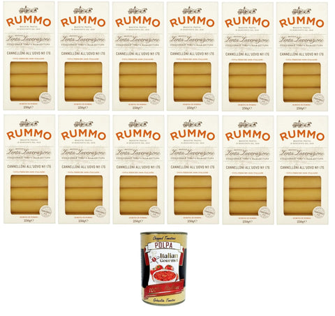 Italian Gourmet E.R. Längliche Pasta Rummo Cannelloni All'uovo Eier-Cannelloni N°176 langsame Verarbeitungsmethode, außergewöhnliche Kochbeständigkeit 12x250gr + Italian Gourmet polpa 400g 8032804040014