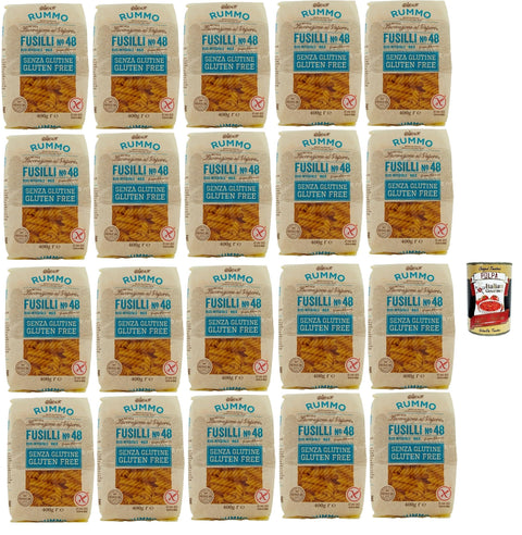 Italian Gourmet E.R. Längliche Pasta Rummo Pasta Nudeln Glutenfreie Fusilli N° 48, Bronze Gezeichnete gluteinfrei, perfekt für Menschen mit Zöliakie oder Glutenunverträglichkeit, 20x 400 g + Italian Gourmet polpa 400g 8032804040014