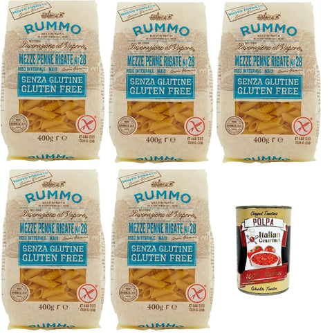 Italian Gourmet E.R. Längliche Pasta Rummo Pasta Nudeln Glutenfreie Mezze Penne Rigate, Bronze Gezeichnete gluteinfrei, perfekt für Menschen mit Zöliakie oder Glutenunverträglichkeit, 5x 400 g + Italian Gourmet polpa 400g 8032804040014
