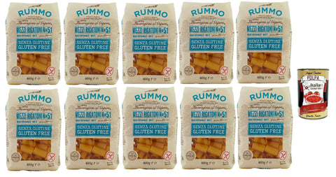Italian Gourmet E.R. Längliche Pasta Rummo Pasta Nudeln Glutenfreie Mezzi Rigatoni N° 51, Bronze Gezeichnete gluteinfrei, perfekt für Menschen mit Zöliakie oder Glutenunverträglichkeit, 10x 400 g + Italian Gourmet polpa 400g 8032804040014