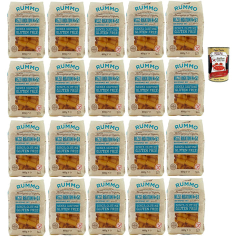 Rummo Pasta Nudeln Glutenfreie Mezzi Rigatoni N° 51, Bronze Gezeichnete gluteinfrei, perfekt für Menschen mit Zöliakie oder Glutenunverträglichkeit, 20x 400 g Original italienisch inkl. Italian Gourmet Polpa 400g