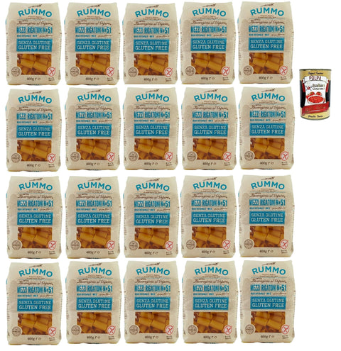 Italian Gourmet E.R. Längliche Pasta Rummo Pasta Nudeln Glutenfreie Mezzi Rigatoni N° 51, Bronze Gezeichnete gluteinfrei, perfekt für Menschen mit Zöliakie oder Glutenunverträglichkeit, 20x 400 g + Italian Gourmet polpa 400g 8032804040014