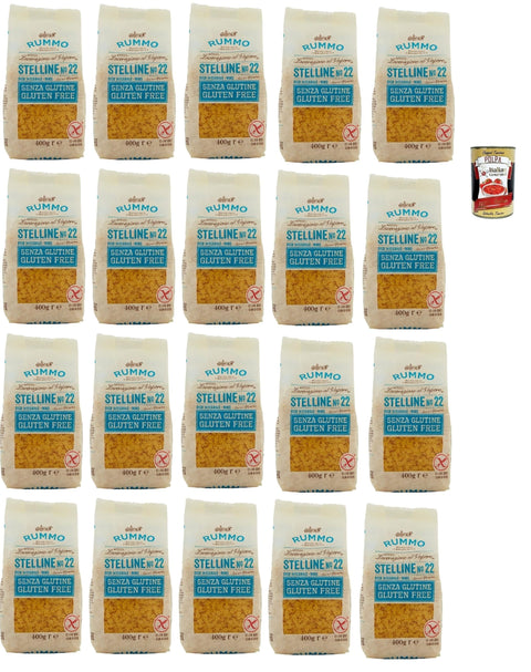 Italian Gourmet E.R. Längliche Pasta Rummo Pasta Nudeln Glutenfreie Stelline N° 22, Bronze Gezeichnete gluteinfrei, perfekt für Menschen mit Zöliakie oder Glutenunverträglichkeit, 20x 400 g + Italian Gourmet polpa 400g 8032804040014