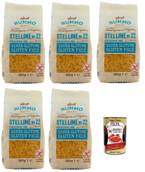 Italian Gourmet E.R. Längliche Pasta Rummo Pasta Nudeln Glutenfreie Stelline N° 22, Bronze Gezeichnete gluteinfrei, perfekt für Menschen mit Zöliakie oder Glutenunverträglichkeit, 5x 400 g + Italian Gourmet polpa 400g 8032804040014