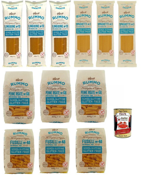 Italian Gourmet E.R. Längliche Pasta Rummo Pasta Nudeln Glutenfreie Testpaket, Bronze Gezeichnete gluteinfrei, perfekt für Menschen mit Zöliakie oder Glutenunverträglichkeit, 12x 400 g + Italian Gourmet polpa 400g 8032804040014