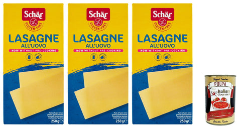 Italian Gourmet E.R. Längliche Pasta SCHÄR Senza Glutine Lasagne all'uovo, Glutenfrei Eiernudel Pasta nudeln, gluten free pasta, 3x 250g + Italian Gourmet polpa 400g 8032804040014