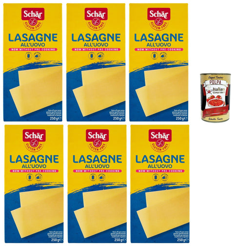 Italian Gourmet E.R. Längliche Pasta SCHÄR Senza Glutine Lasagne all'uovo, Glutenfrei Eiernudel Pasta nudeln, gluten free pasta, 6x 250g + Italian Gourmet polpa 400g 8032804040014
