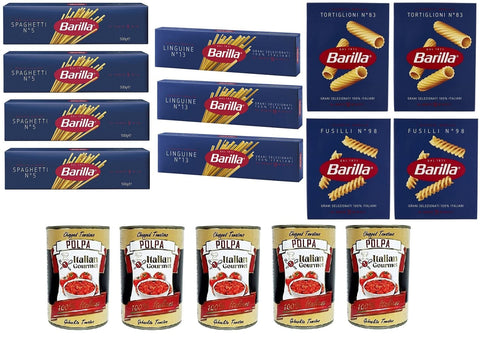 Italian Gourmet E.R. Längliche Pasta TESTPAKET Barilla pasta nudeln spaghetti linguine fusilli tortiglioni 11 x 500G und Italian Gourmet Polpa di pomodoro Fein gehacktes Tomatenmark 5x 400g 8032804040014
