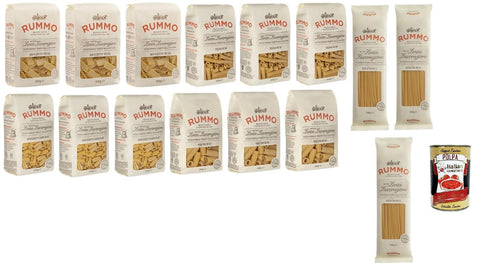 Italian Gourmet E.R. Längliche Pasta Testpaket Rummo Pasta BUCATINI - RIGATONI - GNOCCHETTI SARDI - MAFALDOTTE - SEDANI, Italienische Nudeln aus Hartweizengrieß, 15x 500 g + Italian Gourmet polpa 400g 8032804040014